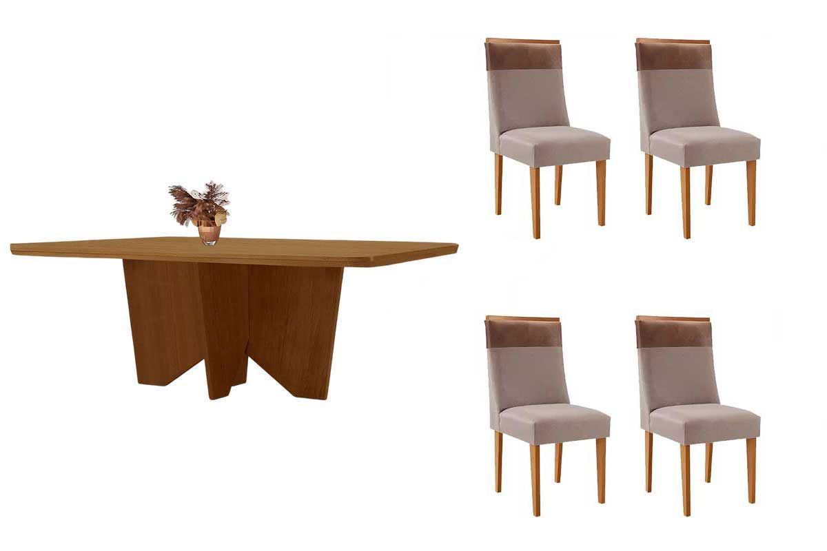 Sala Jantar Mesa Nevada Tampo Curvo 120cm+4 Cadeiras Jaspe Madeira - Rufato