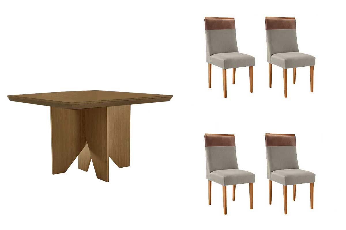 Sala Jantar Mesa Nevada Tampo Curvo 90cm+4 Cadeiras Jaspe Madeira - Rufato