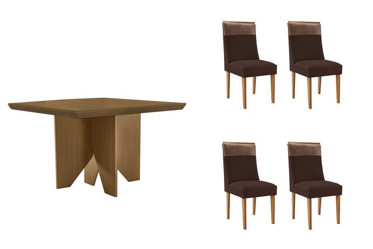 Sala Jantar Mesa Nevada Tampo Curvo 90cm+4 Cadeiras Jaspe Madeira - Rufato