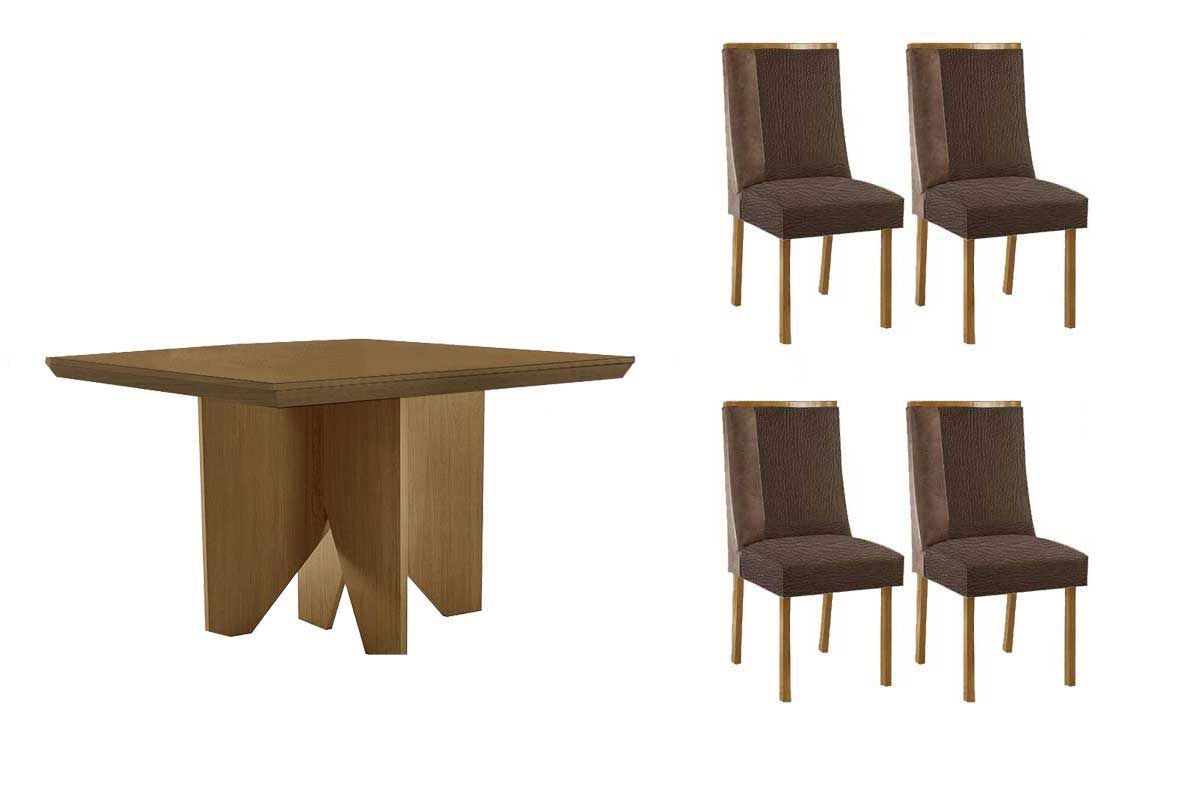 Sala de Jantar Completa Nevada c/ Tampo Madeirado Canto Curvo 90x90cm e 4 Cadeiras Tilia Madeira Maciça - Rufato