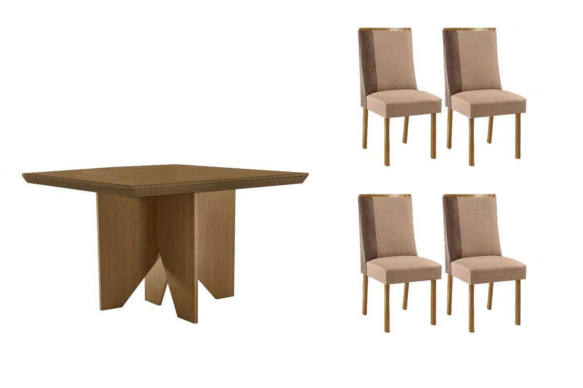 Sala de Jantar Completa Nevada c/ Tampo Madeirado Canto Curvo 90x90cm e 4 Cadeiras Tilia Madeira Maciça - Rufato