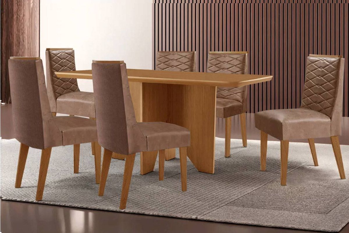 Sala Jantar Mesa Nevada Tampo Curvo 180cm+6 Cadeiras Maldivas Madeira - Rufato