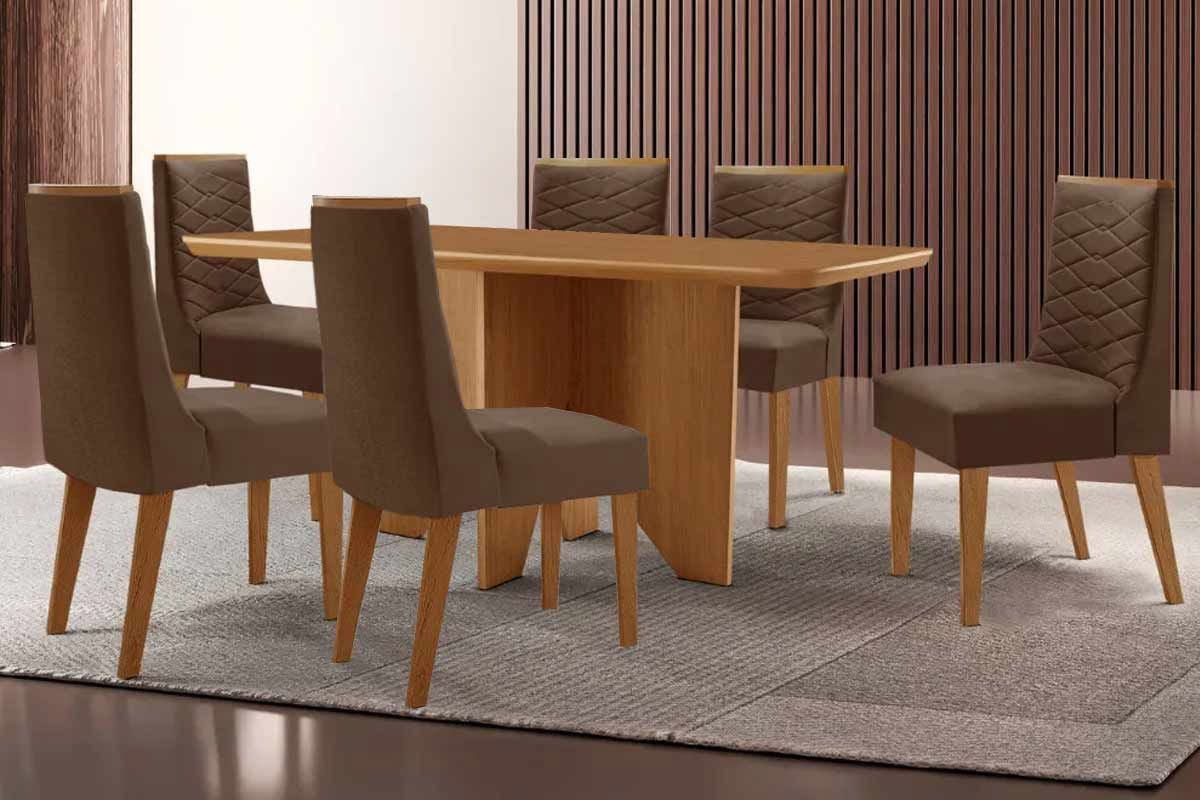 Sala Jantar Mesa Nevada Tampo Curvo 180cm+6 Cadeiras Maldivas Madeira - Rufato
