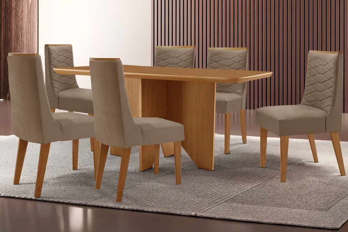 Sala Jantar Mesa Nevada Tampo Curvo 180cm+6 Cadeiras Maldivas Madeira - Rufato