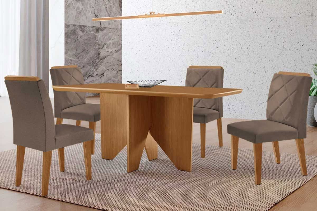 Sala Jantar Mesa Nevada Tampo Curvo 120cm+4 Cadeiras Pietá Madeira - Rufato