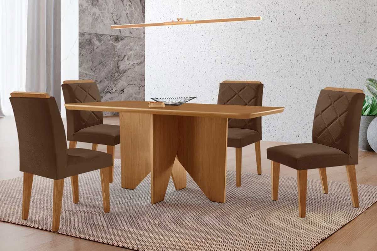Sala Jantar Mesa Nevada Tampo Curvo 120cm+4 Cadeiras Pietá Madeira - Rufato