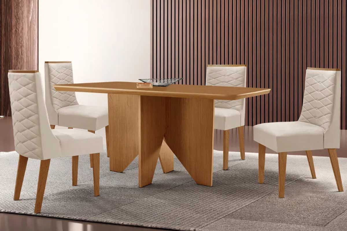 Sala Jantar Mesa Nevada Tampo Curvo 120cm+4 Cadeiras Dafne Madeira - Rufato