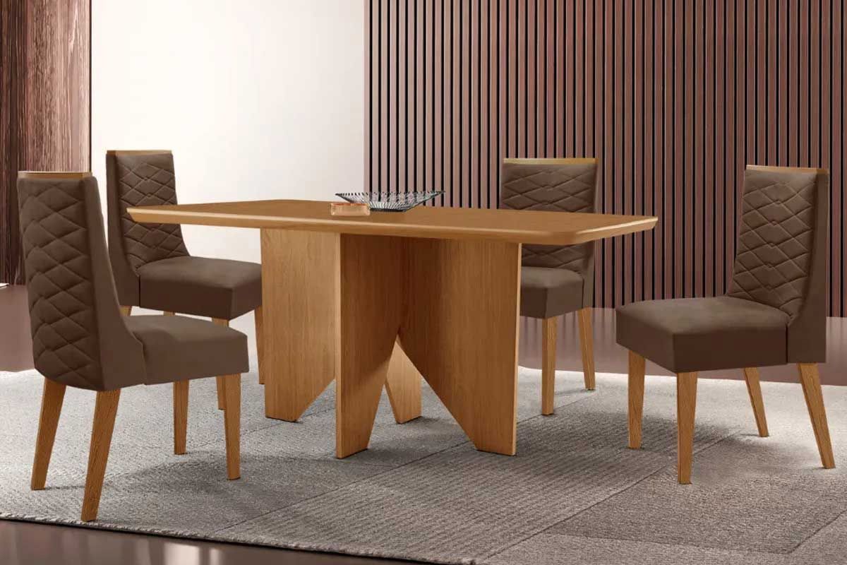 Sala Jantar Mesa Nevada Tampo Curvo 120cm+4 Cadeiras Dafne Madeira - Rufato