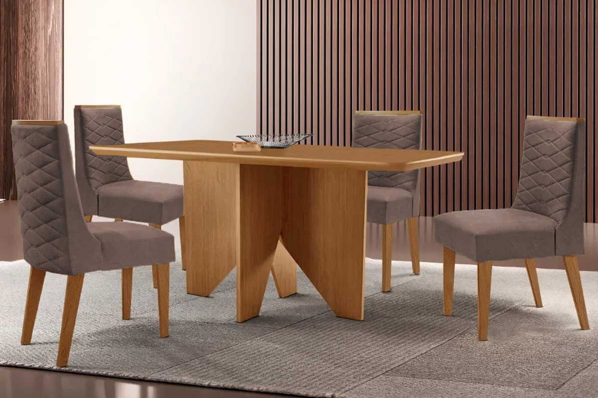 Sala Jantar Mesa Nevada Tampo Curvo 120cm+4 Cadeiras Dafne Madeira - Rufato