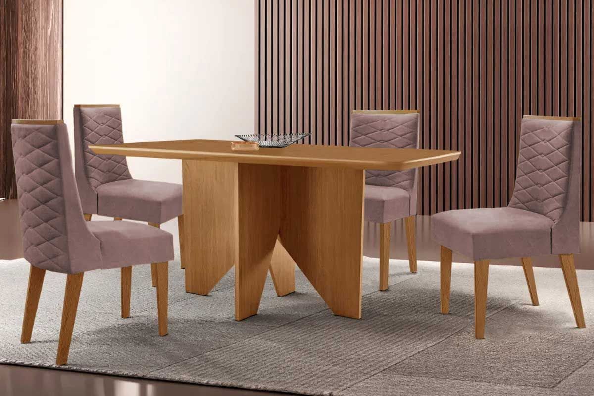 Sala Jantar Mesa Nevada Tampo Curvo 120cm+4 Cadeiras Dafne Madeira - Rufato
