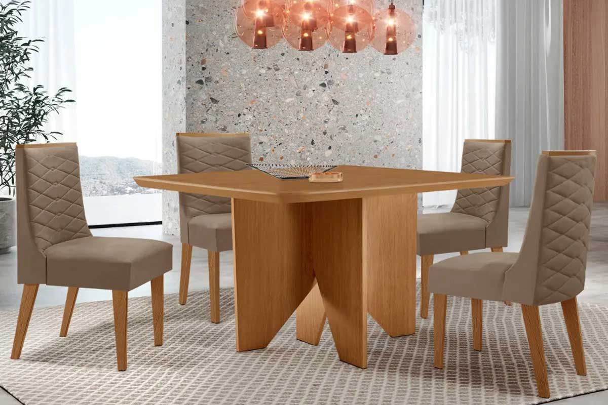 Sala Jantar Mesa Nevada Tampo Curvo 90cm+4 Cadeiras Dafne Madeira - Rufato