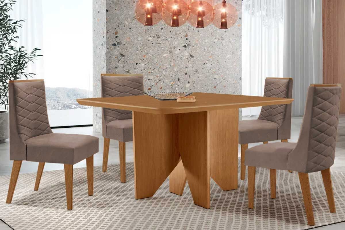 Sala Jantar Mesa Nevada Tampo Curvo 90cm+4 Cadeiras Dafne Madeira - Rufato
