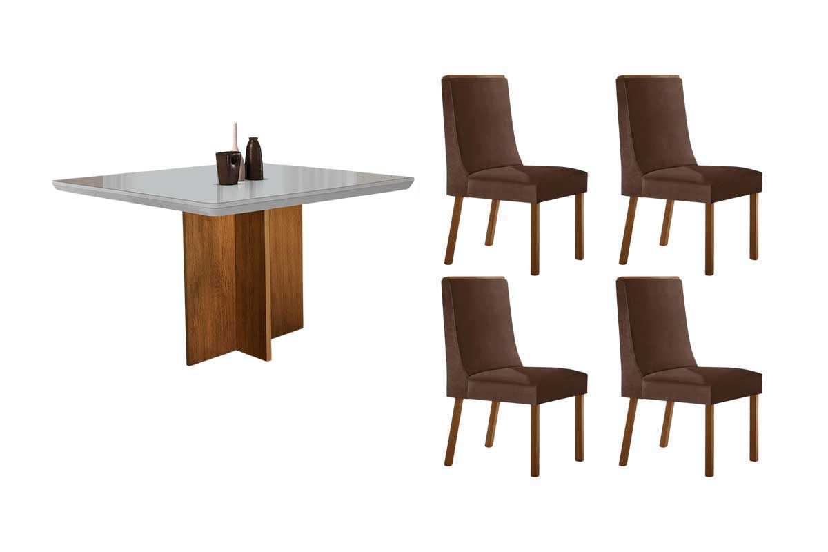 Sala Jantar Mesa Berlim Tampo Curvo 90cm+4 Cadeiras Dakota Madeira - Rufato