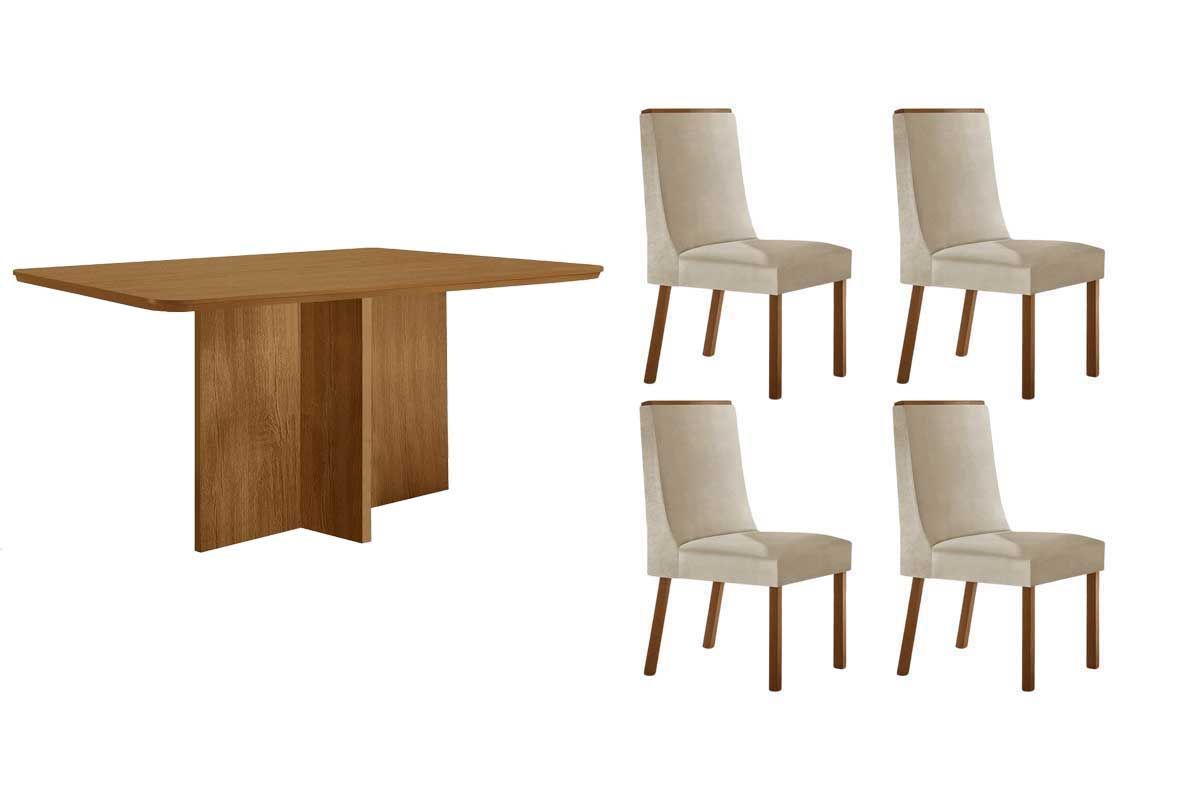 Sala Jantar Mesa Berlim Tampo Curvo 120cm+4 Cadeiras Dakota Madeira - Rufato