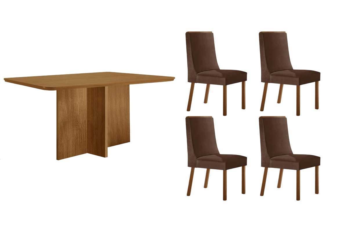 Sala Jantar Mesa Berlim Tampo Curvo 120cm+4 Cadeiras Dakota Madeira - Rufato