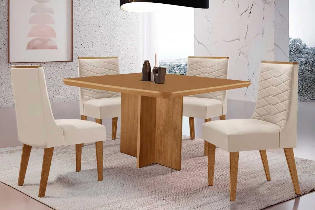 Sala Jantar Mesa Berlim Tampo Curvo 90cm+4 Cadeiras Maldivas Madeira - Rufato