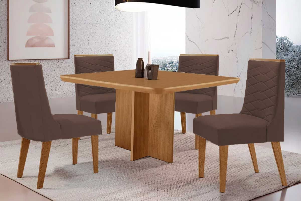 Sala Jantar Mesa Berlim Tampo Curvo 90cm+4 Cadeiras Maldivas Madeira - Rufato