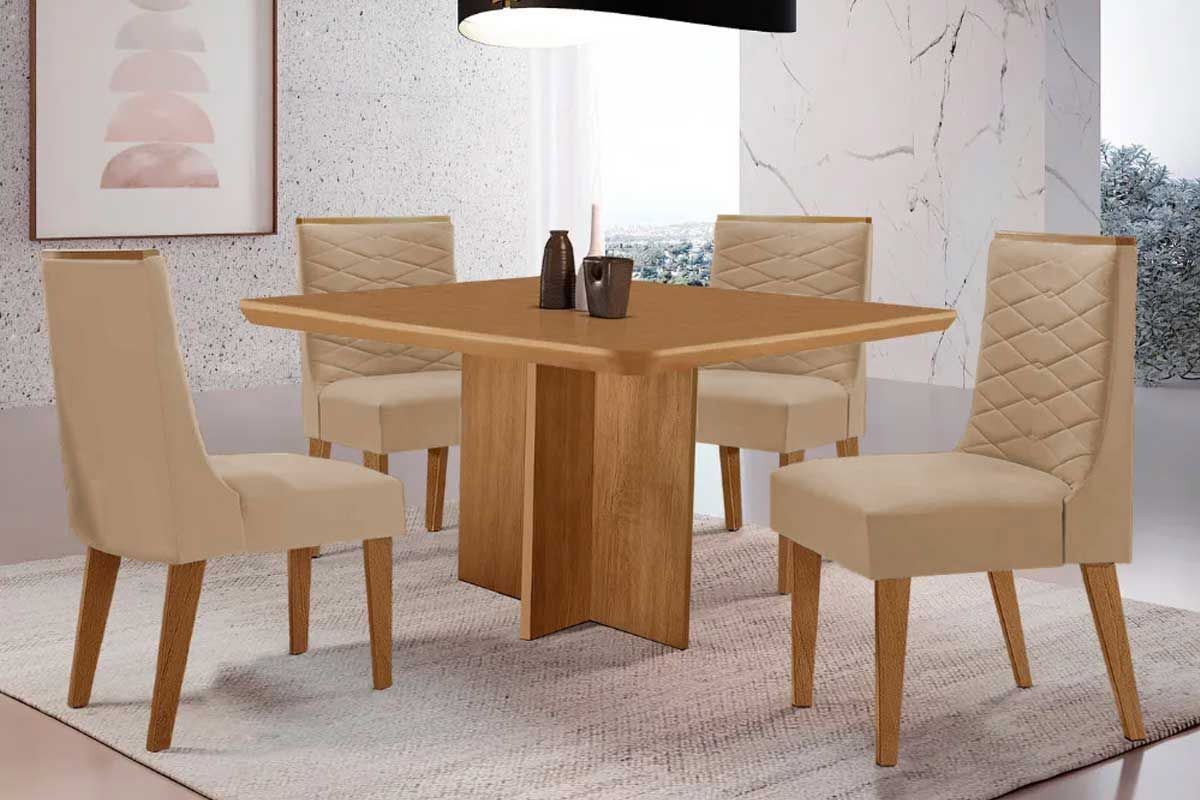 Sala Jantar Mesa Berlim Tampo Curvo 90cm+4 Cadeiras Maldivas Madeira - Rufato