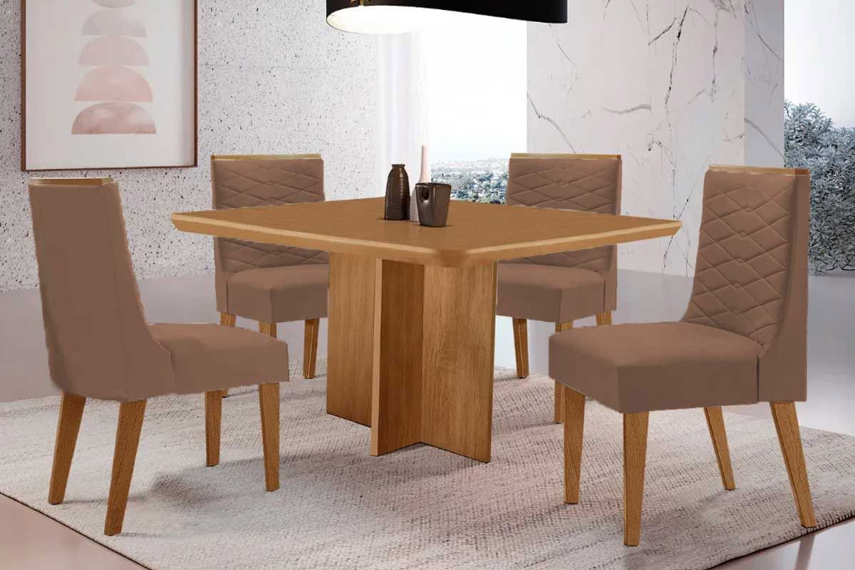Sala Jantar Mesa Berlim Tampo Curvo 90cm+4 Cadeiras Maldivas Madeira - Rufato