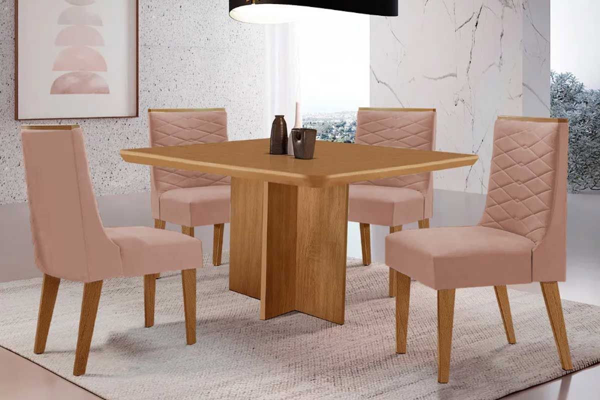 Sala Jantar Mesa Berlim Tampo Curvo 90cm+4 Cadeiras Maldivas Madeira - Rufato