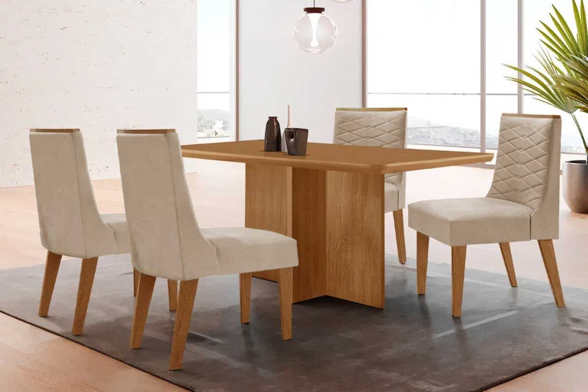 Sala Jantar Mesa Berlim Tampo Curvo 120cm+4 Cadeiras Maldivas Madeira - Rufato