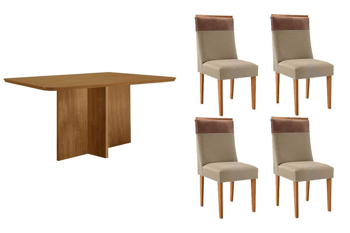 Sala Jantar Mesa Berlim Tampo Curvo 120cm+4 Cadeiras Jaspe Madeira - Rufato