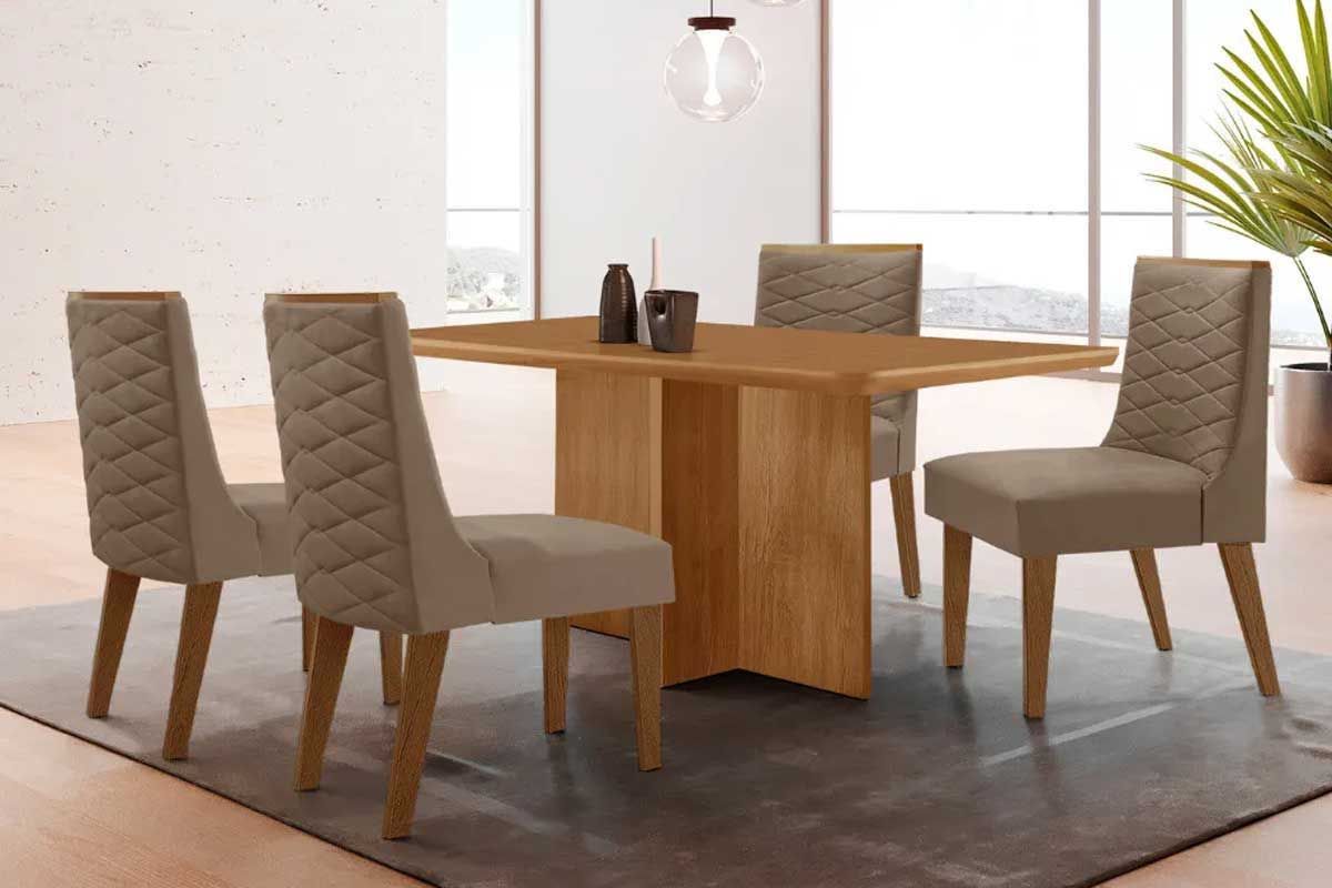 Sala Jantar Mesa Berlim Tampo Curvo 120cm+4 Cadeiras Dafne Madeira - Rufato