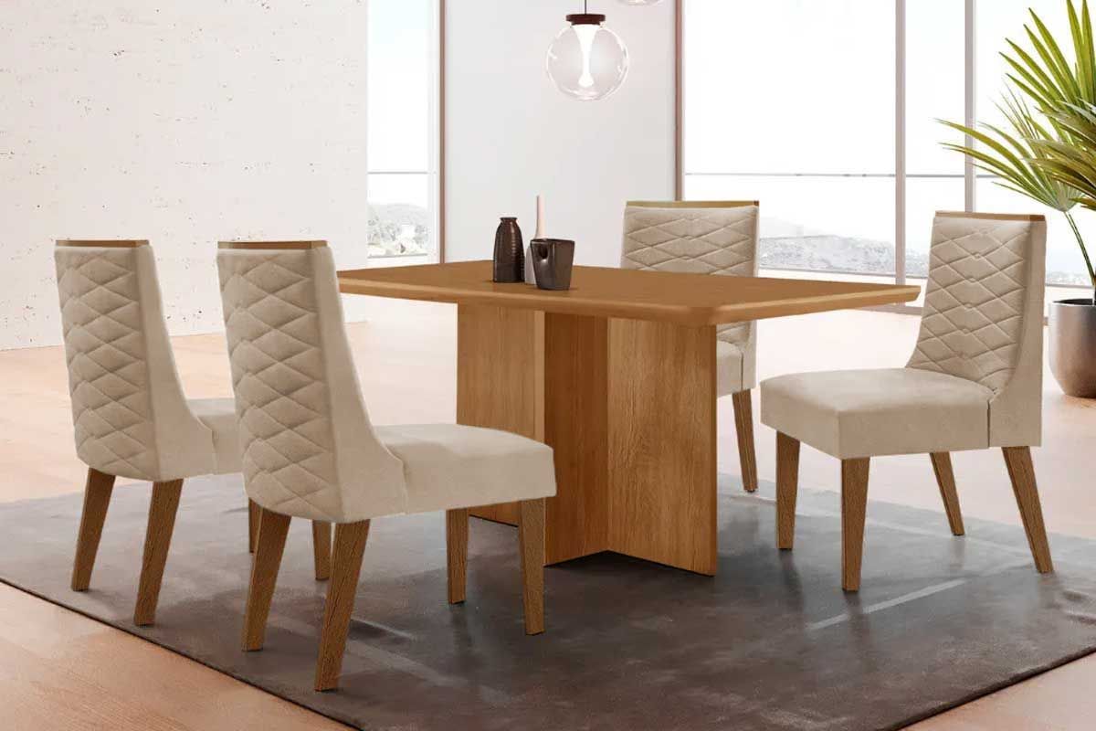 Sala Jantar Mesa Berlim Tampo Curvo 120cm+4 Cadeiras Dafne Madeira - Rufato