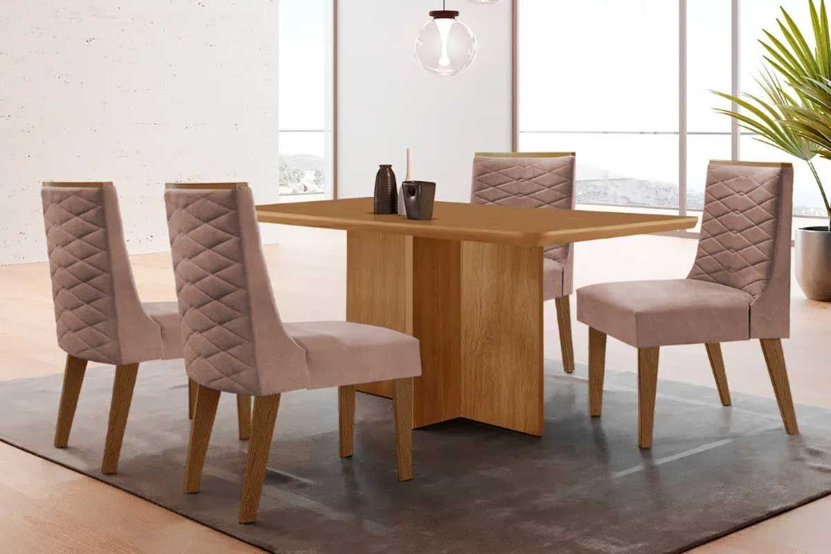 Sala Jantar Mesa Berlim Tampo Curvo 120cm+4 Cadeiras Dafne Madeira - Rufato