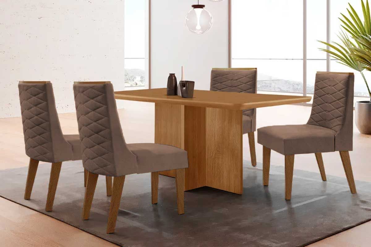 Sala Jantar Mesa Berlim Tampo Curvo 120cm+4 Cadeiras Dafne Madeira - Rufato