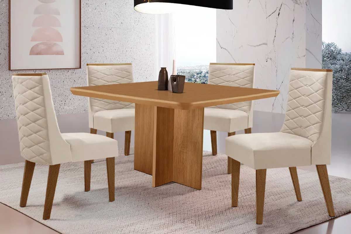 Sala Jantar Mesa Berlim Tampo Curvo 90cm+4 Cadeiras Dafne Madeira - Rufato