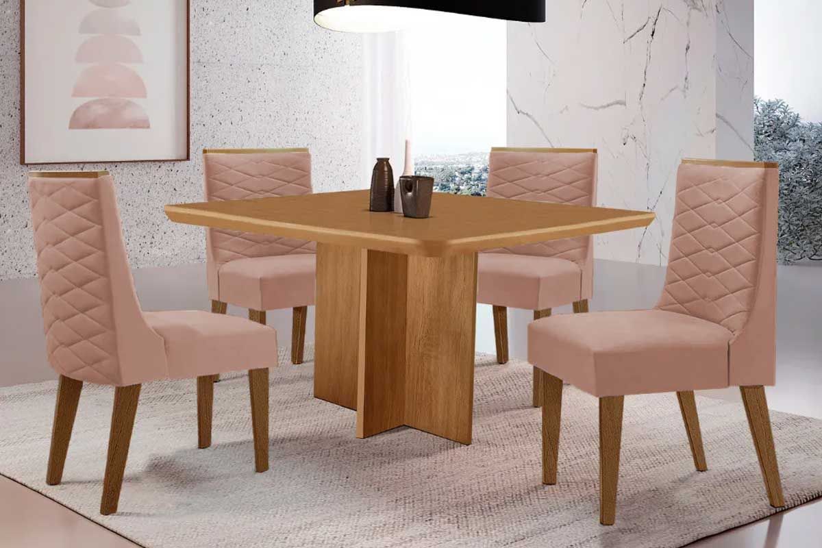 Sala Jantar Mesa Berlim Tampo Curvo 90cm+4 Cadeiras Dafne Madeira - Rufato