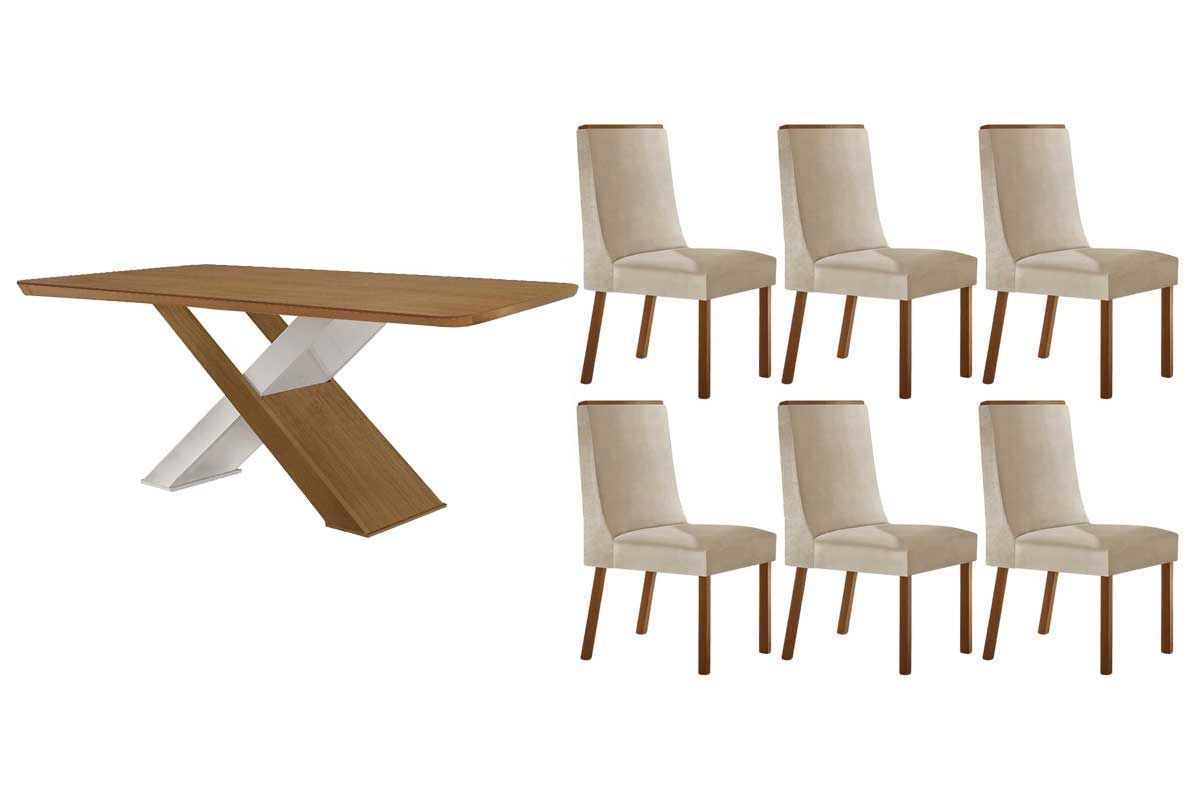 Sala Jantar Mesa Imperatriz Tampo Curvo 180cm+6 Cadeiras Dakota Madeira - Rufato