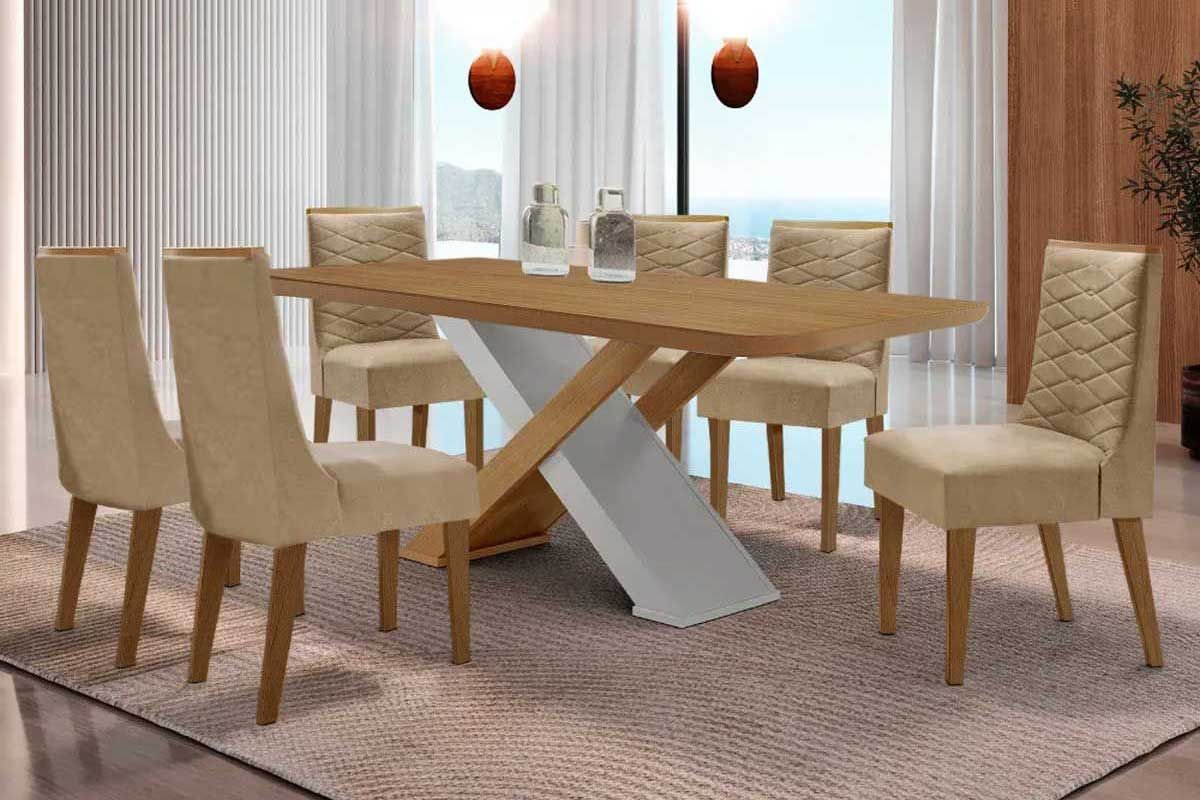 Sala Jantar Mesa Imperatriz Tampo Curvo 180cm+6 Cadeiras Maldivas Madeira - Rufato