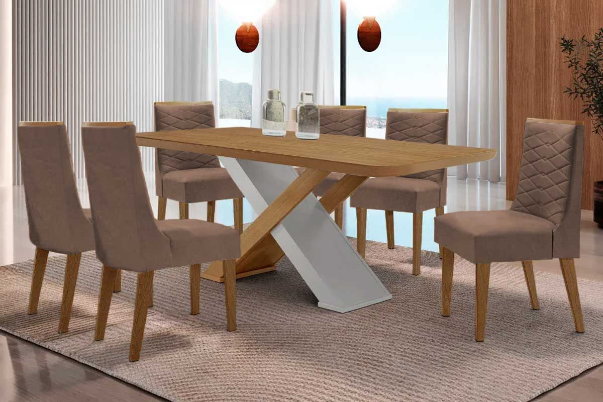 Sala Jantar Mesa Imperatriz Tampo Curvo 180cm+6 Cadeiras Maldivas Madeira - Rufato