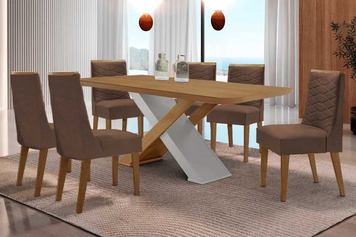 Sala Jantar Mesa Imperatriz Tampo Curvo 180cm+6 Cadeiras Maldivas Madeira - Rufato