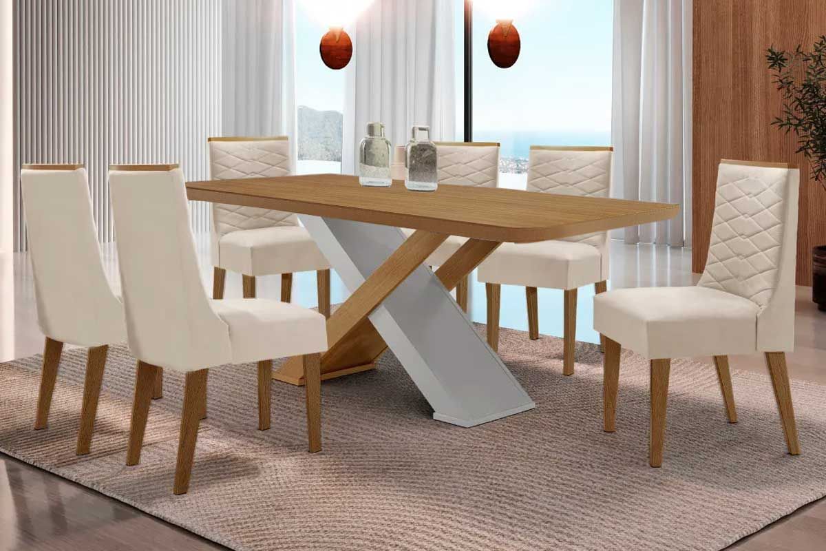Sala Jantar Mesa Imperatriz Tampo Curvo 180cm+6 Cadeiras Maldivas Madeira - Rufato