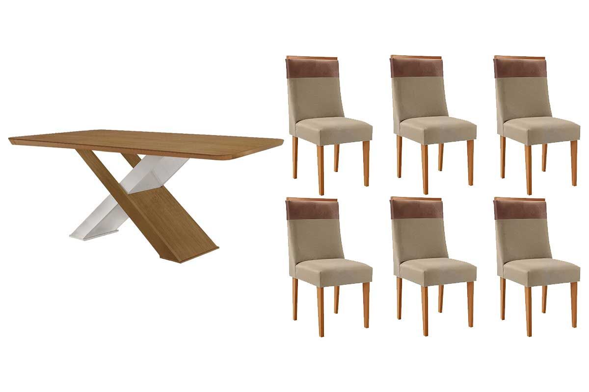 Sala Jantar Mesa Imperatriz Tampo Curvo 180cm+6 Cadeiras Jaspe Madeira - Rufato