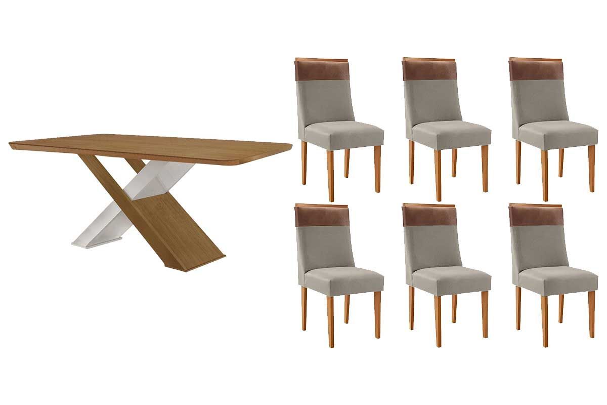 Sala Jantar Mesa Imperatriz Tampo Curvo 180cm+6 Cadeiras Jaspe Madeira - Rufato
