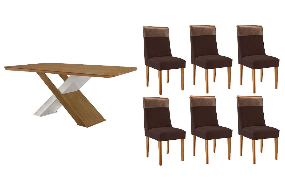 Sala Jantar Mesa Imperatriz Tampo Curvo 180cm+6 Cadeiras Jaspe Madeira - Rufato