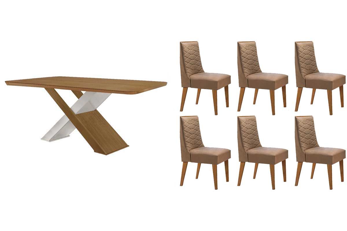Sala Jantar Mesa Imperatriz Tampo Curvo 180cm+6 Cadeiras Dafne Madeira - Rufato