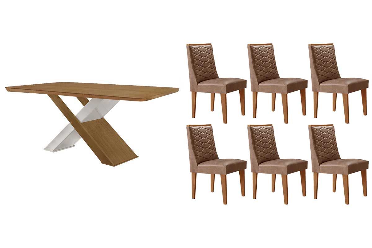 Sala Jantar Mesa Imperatriz Tampo Curvo 180cm+6 Cadeiras Dafne Madeira - Rufato
