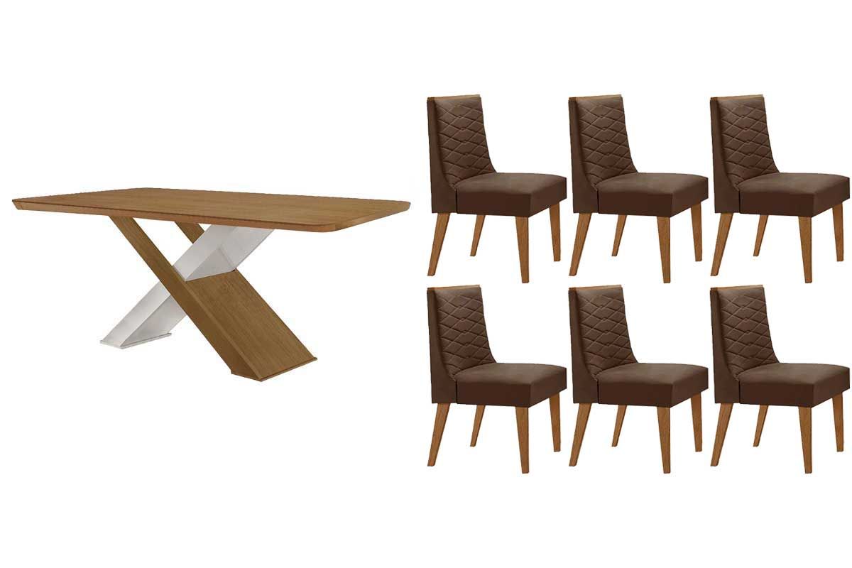 Sala Jantar Mesa Imperatriz Tampo Curvo 180cm+6 Cadeiras Dafne Madeira - Rufato