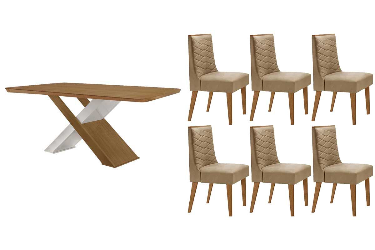 Sala Jantar Mesa Imperatriz Tampo Curvo 180cm+6 Cadeiras Dafne Madeira - Rufato