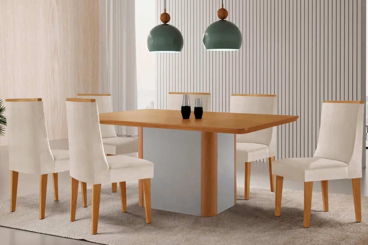Sala Jantar Mesa Pietá Tampo Curvo 180cm+6 Cadeiras Dakota Madeira - Rufato