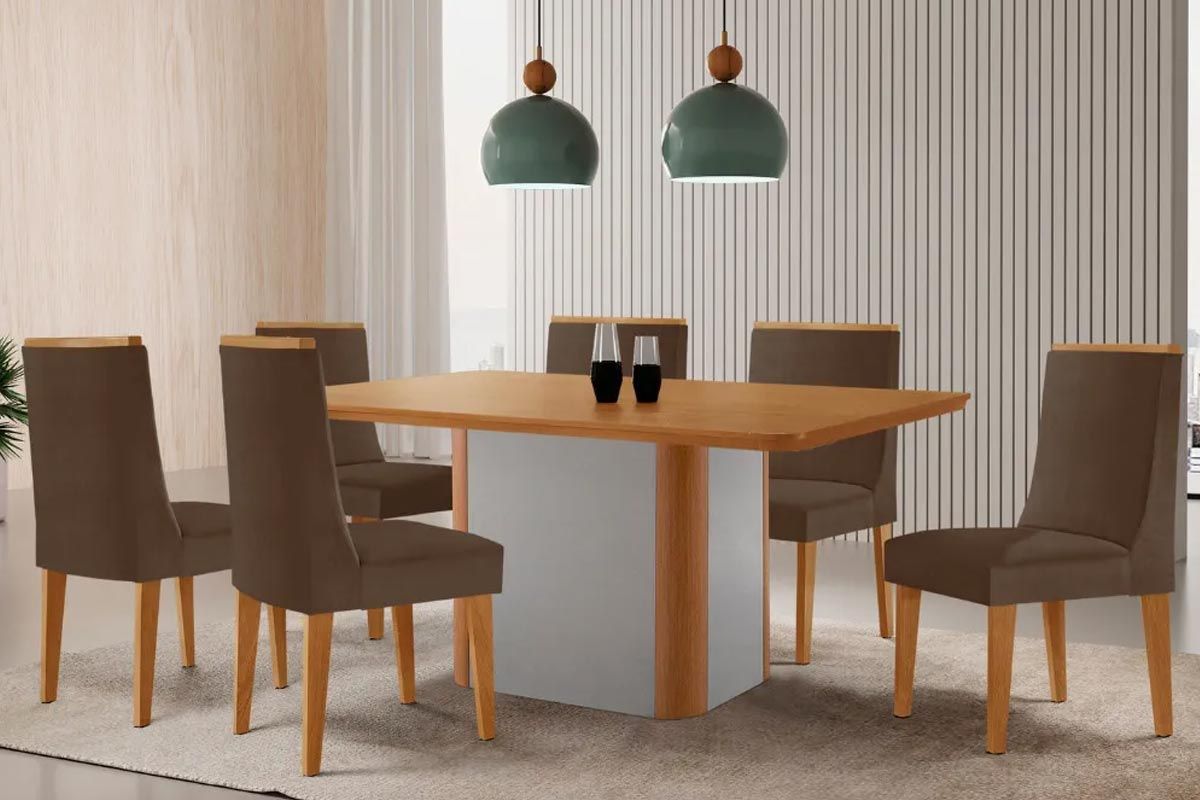 Sala Jantar Mesa Pietá Tampo Curvo 180cm+6 Cadeiras Dakota Madeira - Rufato