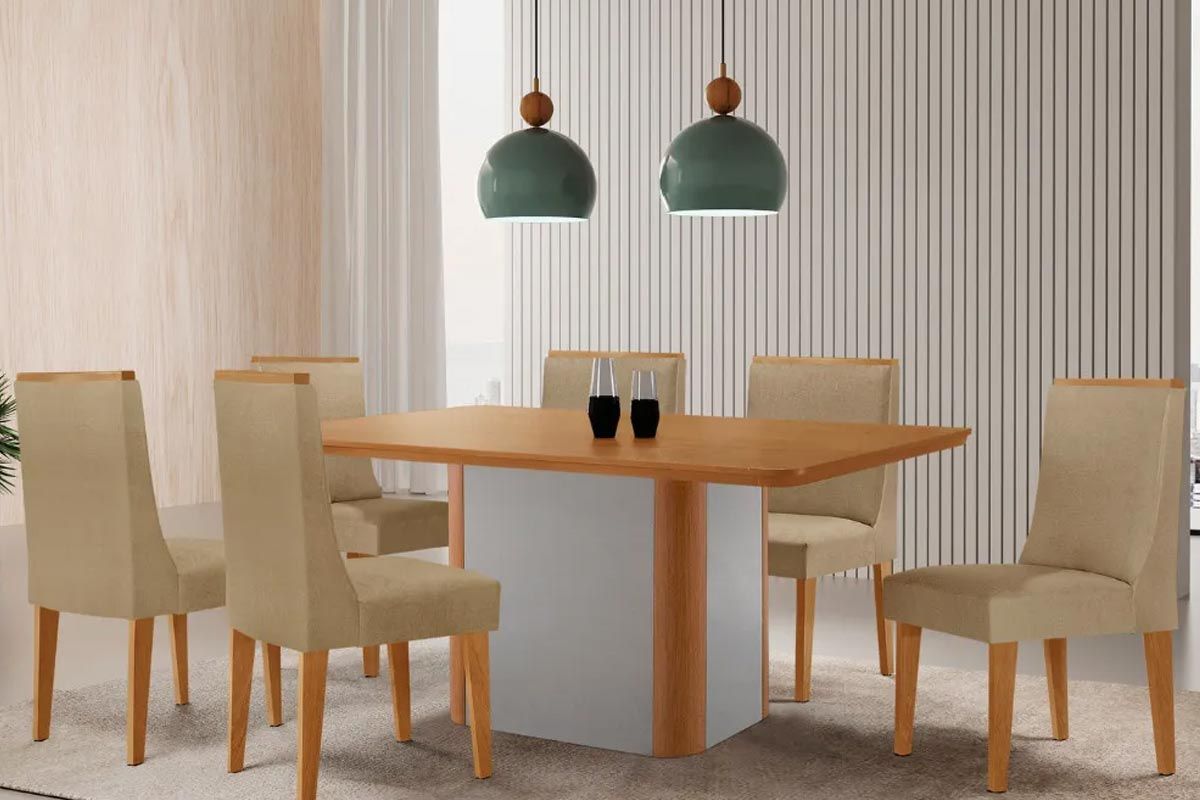 Sala Jantar Mesa Pietá Tampo Curvo 180cm+6 Cadeiras Dakota Madeira - Rufato
