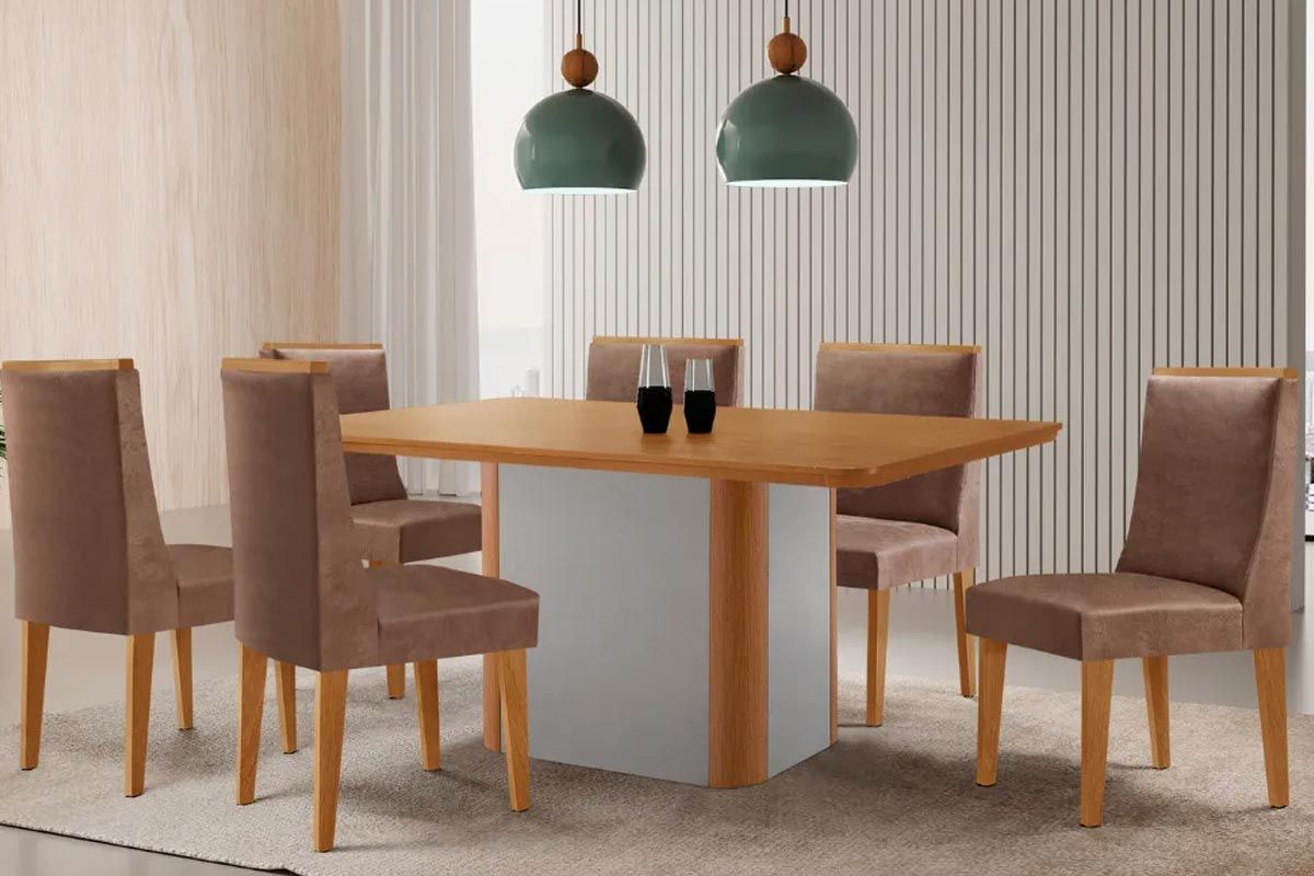 Sala Jantar Mesa Pietá Tampo Curvo 180cm+6 Cadeiras Dakota Madeira - Rufato