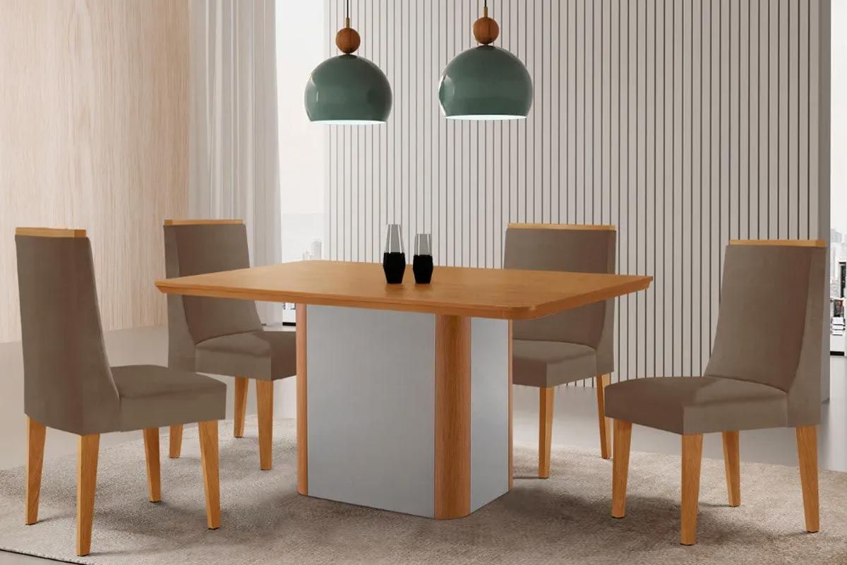 Sala Jantar Mesa Pietá Tampo Curvo 120cm+4 Cadeiras Dakota Madeira - Rufato
