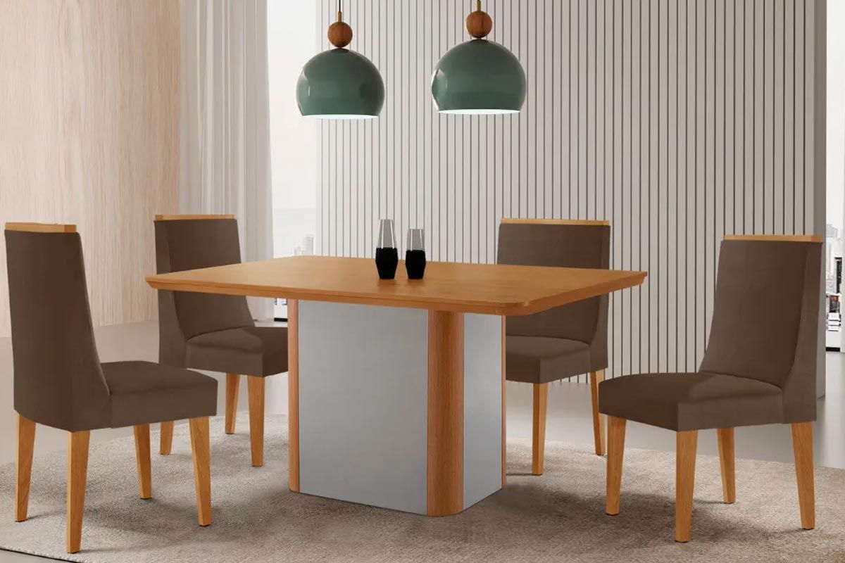 Sala Jantar Mesa Pietá Tampo Curvo 120cm+4 Cadeiras Dakota Madeira - Rufato